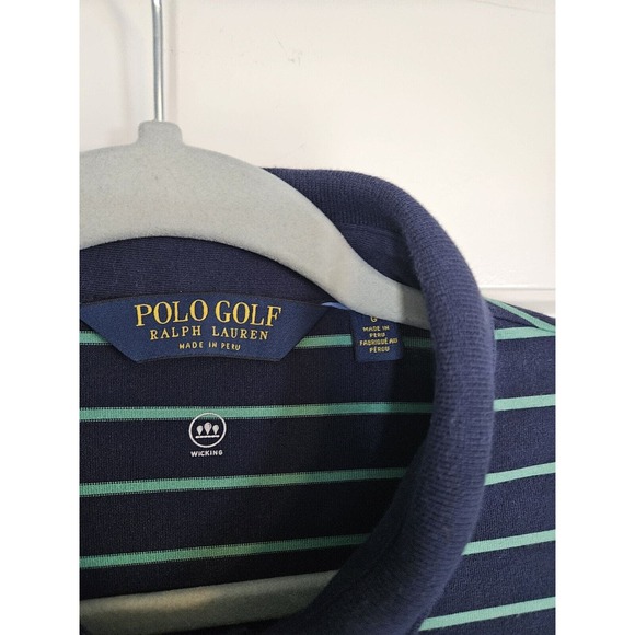 Mens Polo Golf Moisture Wicking Shirt Size L Navy Blue Green Stripes - Picture 4 of 7
